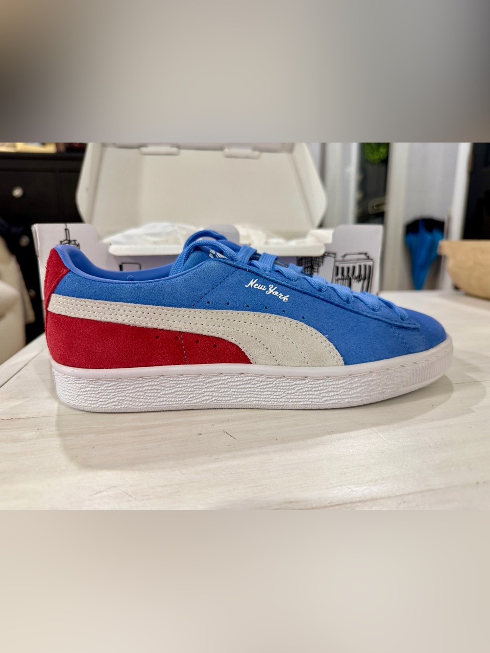 Puma Kids Blue Red New York Suede Sneaker with Cream Stripe